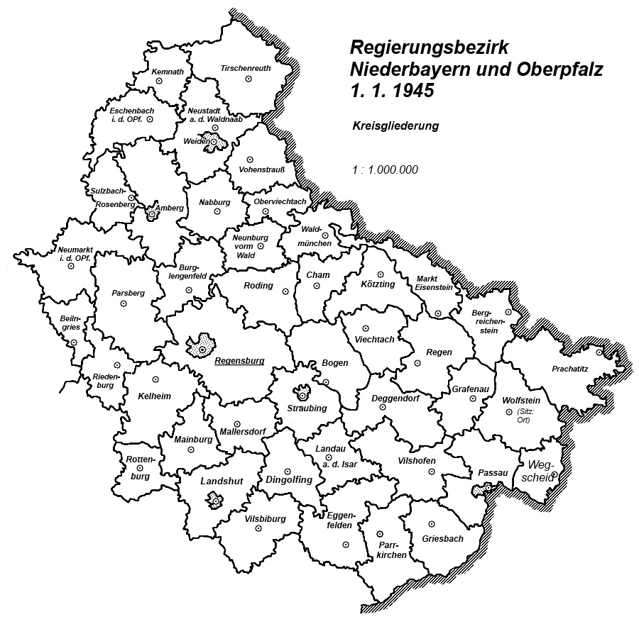 Karte: Regierungsbezirk Niederbayern und Oberpfalz 1. 1. 1945