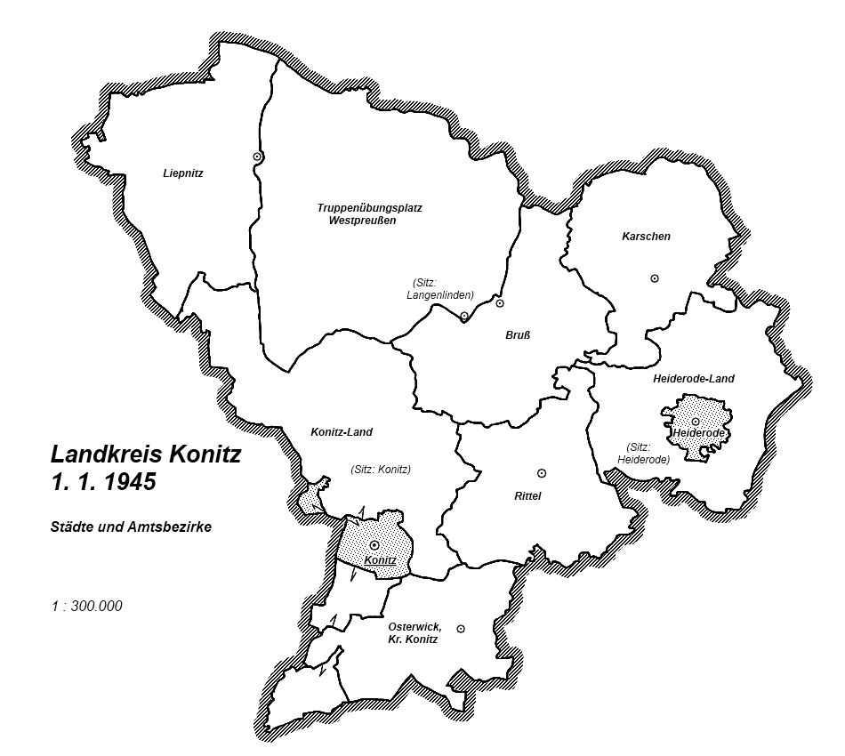 Karte: Landkreis Konitz 1. 1. 1945 - Städte und Amtsbezirke