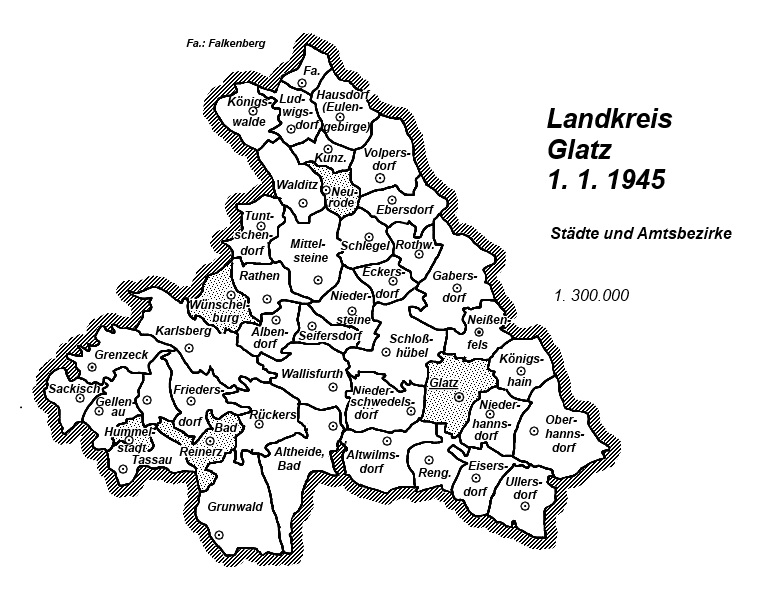 Karte: Landkreis Glatz 1. 1. 1945 - Städte und Amtsbezirke